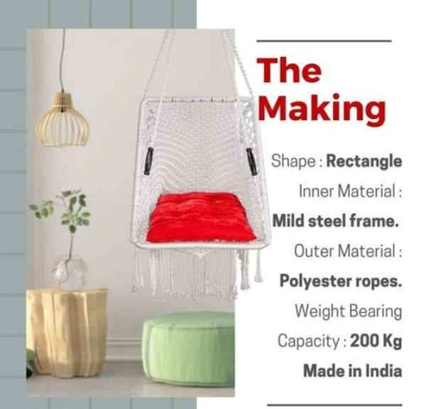  CURIO  CENTER Make in India Round Premium Swing with Polyester Ropes & Mild Steel Frame for Adults & Kids/Indoor Outdoor Hanging Swing Chair with Cushion & Accessories (66 x 96 x 144cm, White) -  Free Size,  White,  Polyester Rope With Iron Frame,   Pack of 1,  Rectangle